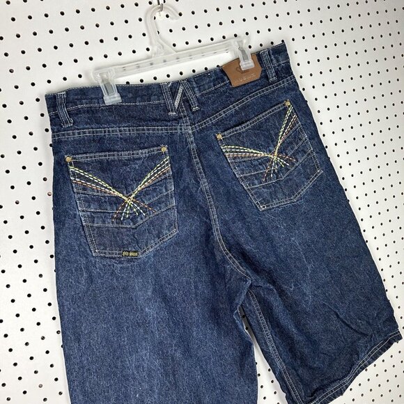 Y2K Stitched Baggy Jean Shorts Sz 38 Colorful COOGI STYLE Jorts Wide Leg Skate - Picture 2 of 7